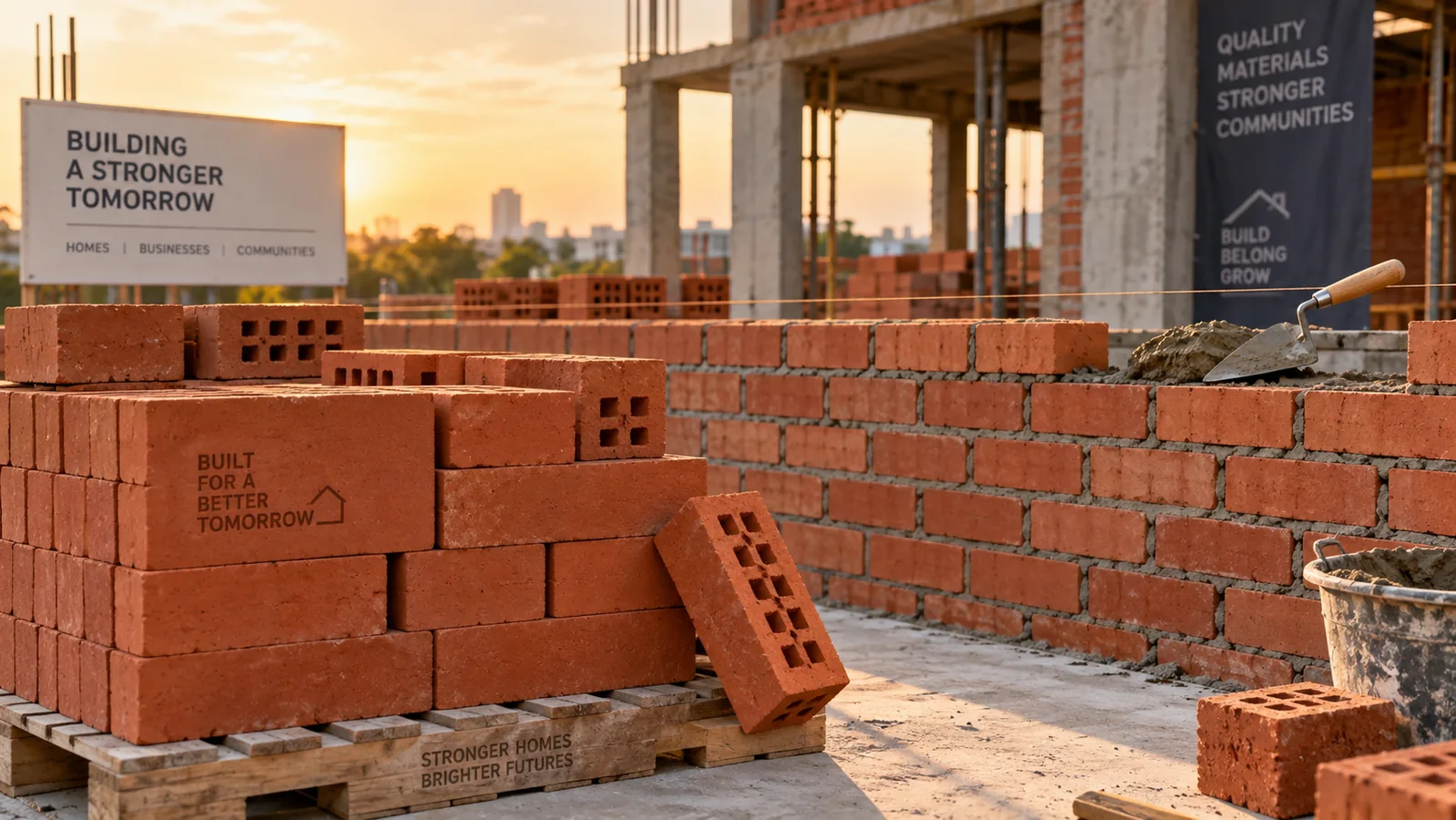 Red clay bricks used at a building construction site