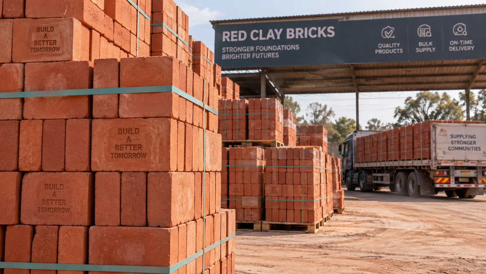 Bulk red clay brick stock ready for transport and delivery