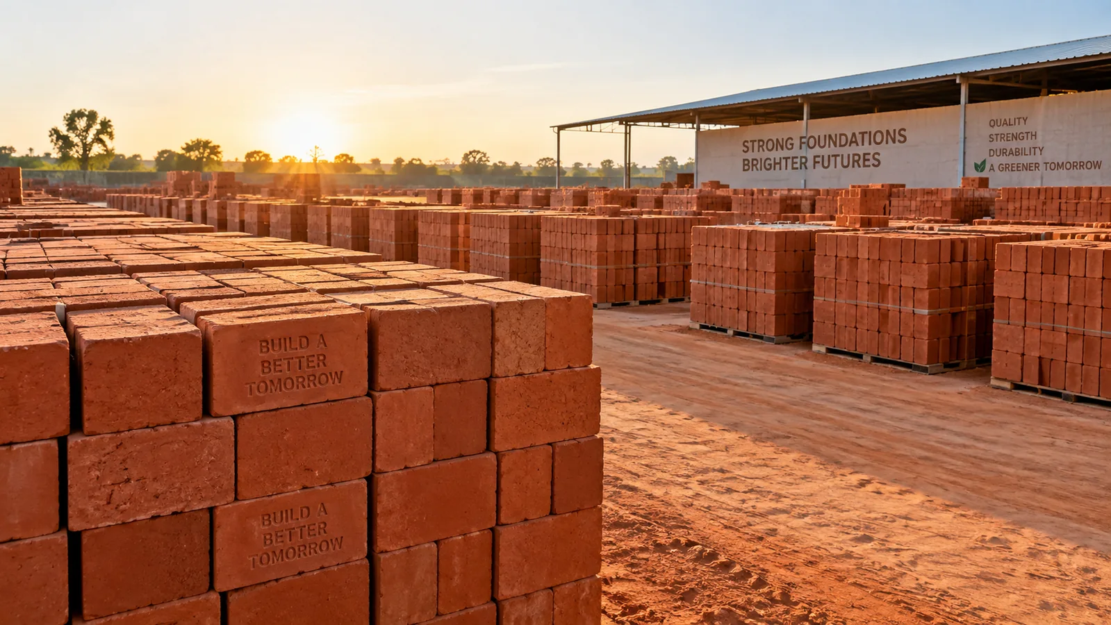 Organized red clay brick supply yard with stacked bricks